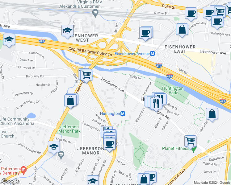 map of restaurants, bars, coffee shops, grocery stores, and more near 5705 Indian Court in Alexandria