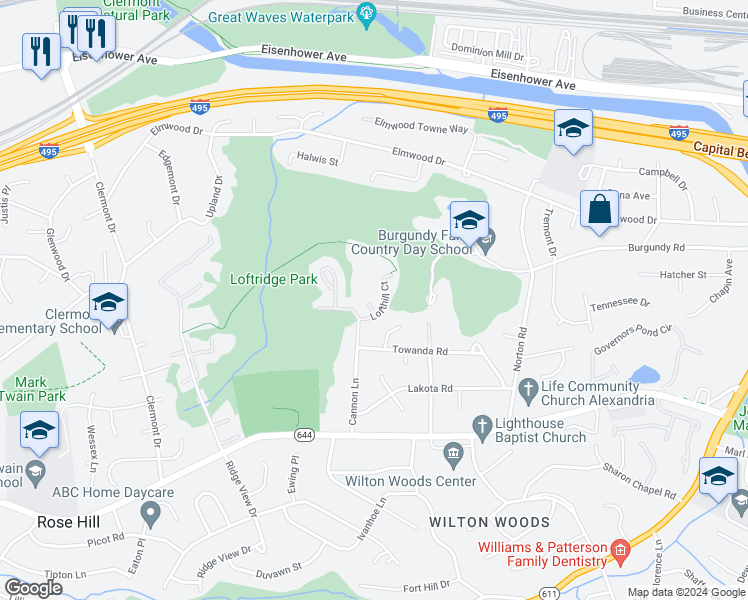 map of restaurants, bars, coffee shops, grocery stores, and more near 5710 Gladden Court in Alexandria