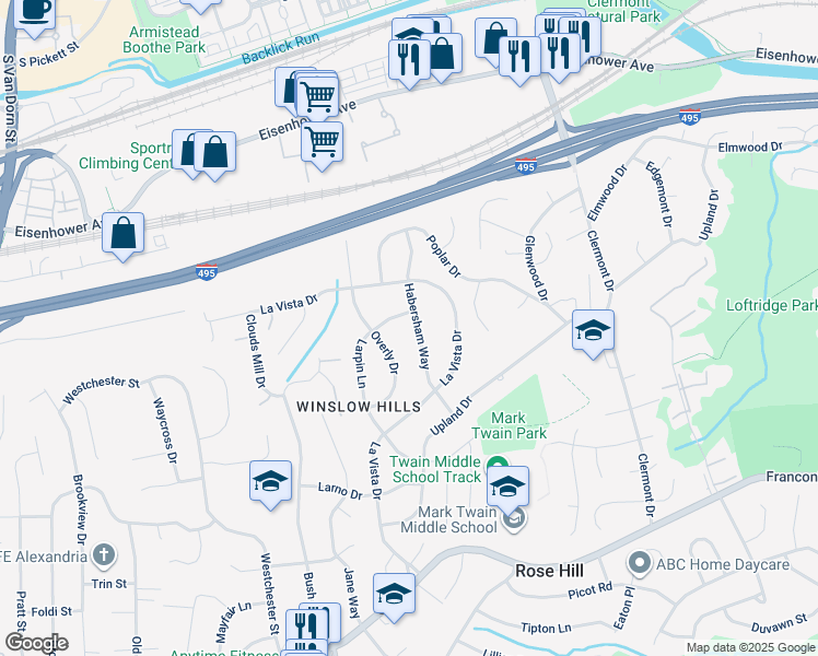 map of restaurants, bars, coffee shops, grocery stores, and more near 5710 Habersham Way in Alexandria