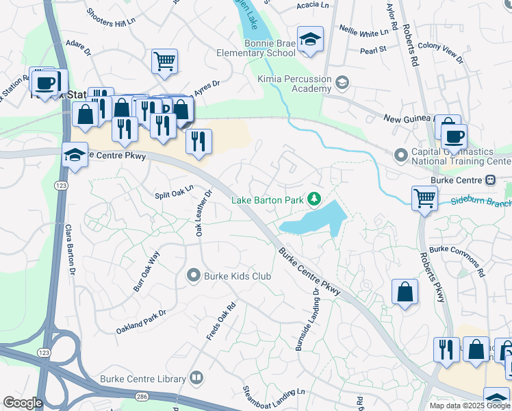 map of restaurants, bars, coffee shops, grocery stores, and more near 10675 Spring Oak Court in Burke