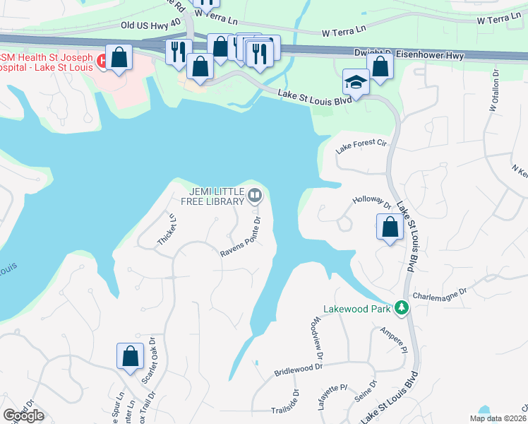 map of restaurants, bars, coffee shops, grocery stores, and more near 28 Ravens Pointe in Lake Saint Louis