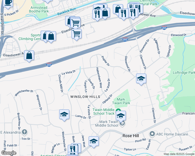 map of restaurants, bars, coffee shops, grocery stores, and more near 5710 Habersham Way in Alexandria