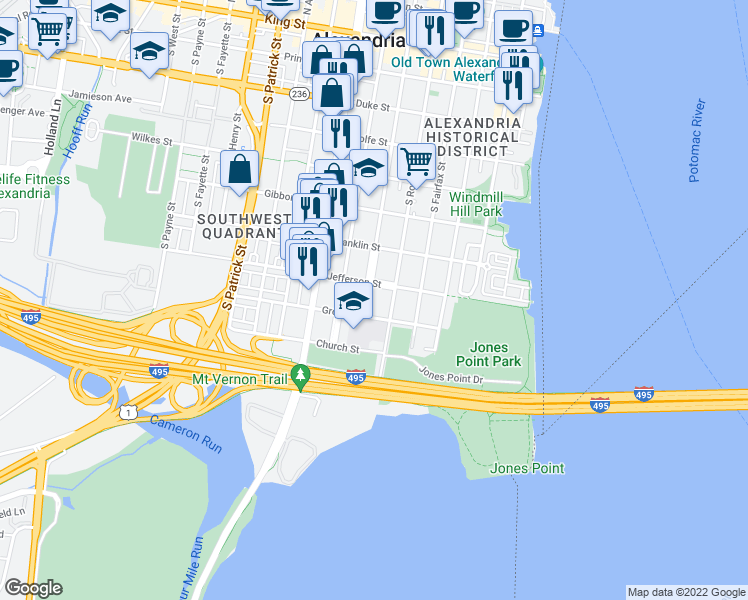 map of restaurants, bars, coffee shops, grocery stores, and more near 814 South Pitt Street in Alexandria