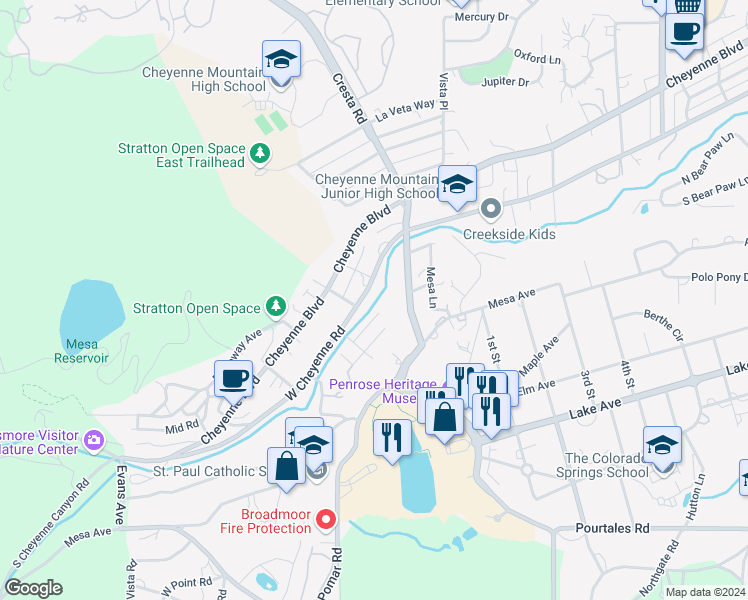 map of restaurants, bars, coffee shops, grocery stores, and more near 1409 West Cheyenne Road in Colorado Springs