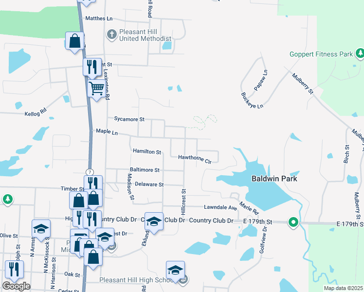 map of restaurants, bars, coffee shops, grocery stores, and more near 909 Hillcrest Street in Pleasant Hill