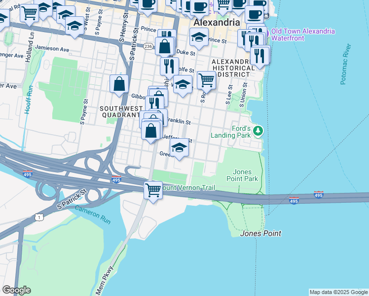 map of restaurants, bars, coffee shops, grocery stores, and more near 814 South Pitt Street in Alexandria