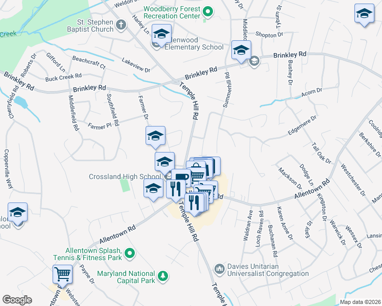 map of restaurants, bars, coffee shops, grocery stores, and more near 6802 Temple Hill Road in Temple Hills