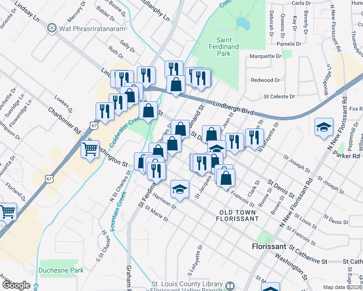 map of restaurants, bars, coffee shops, grocery stores, and more near 696 Saint Ferdinand Street in Florissant