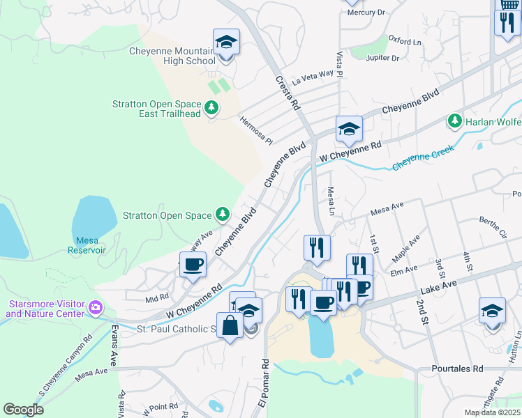 map of restaurants, bars, coffee shops, grocery stores, and more near 1503 Cheyenne Boulevard in Colorado Springs