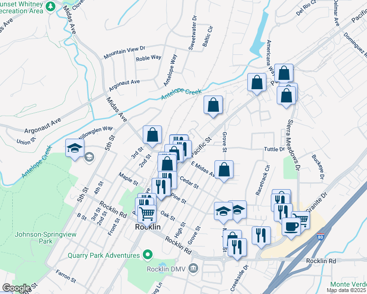 map of restaurants, bars, coffee shops, grocery stores, and more near 3700 Midas Avenue in Rocklin