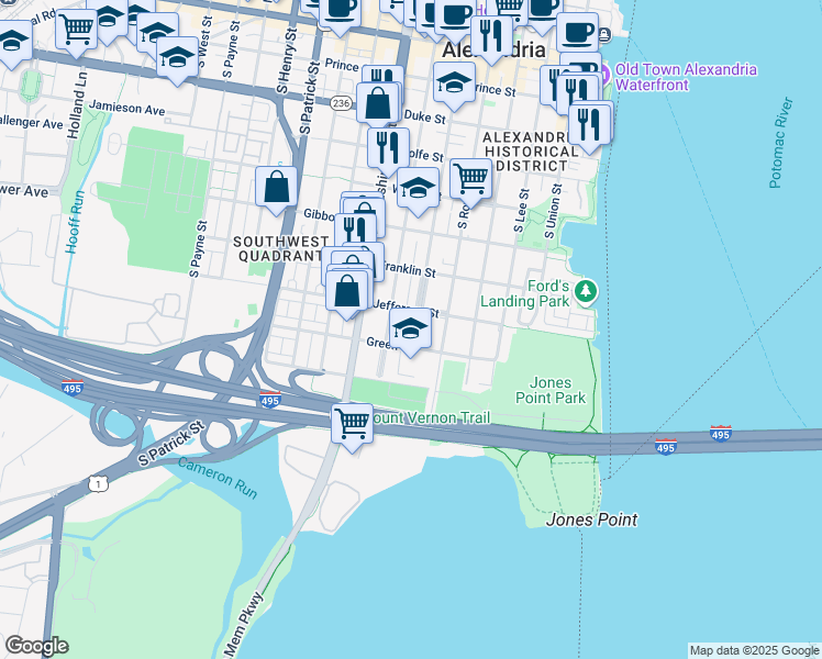 map of restaurants, bars, coffee shops, grocery stores, and more near 801 South Pitt Street in Alexandria