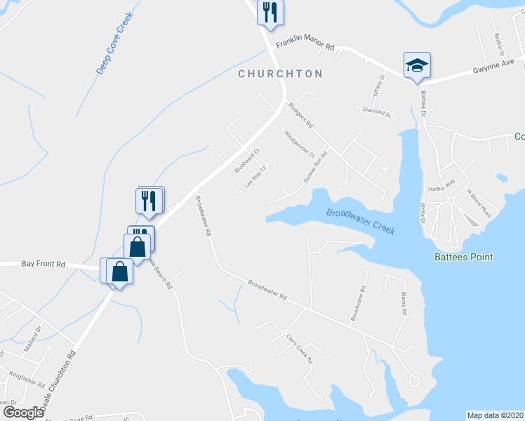 map of restaurants, bars, coffee shops, grocery stores, and more near 5639 Gunner Run Road in Deale