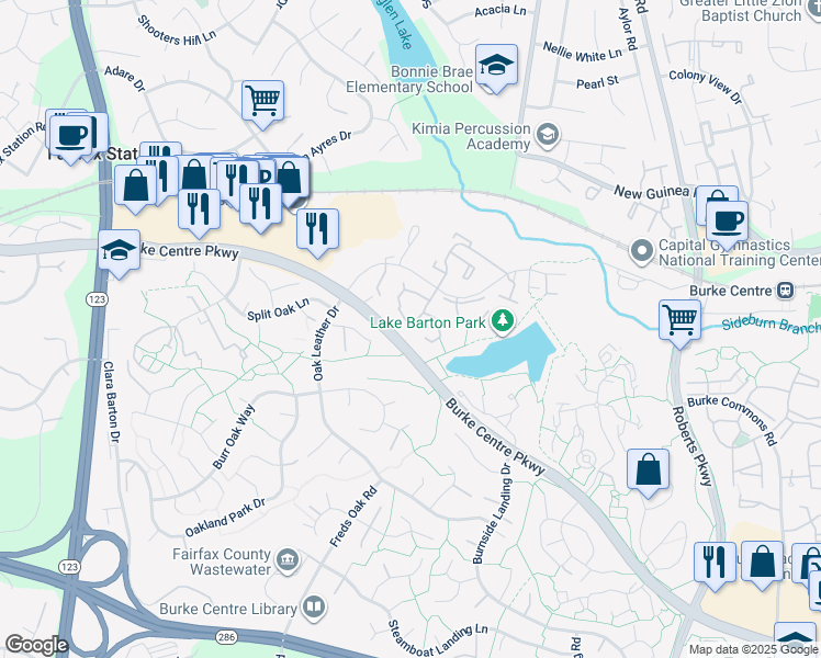 map of restaurants, bars, coffee shops, grocery stores, and more near 10673 Spring Oak Court in Burke