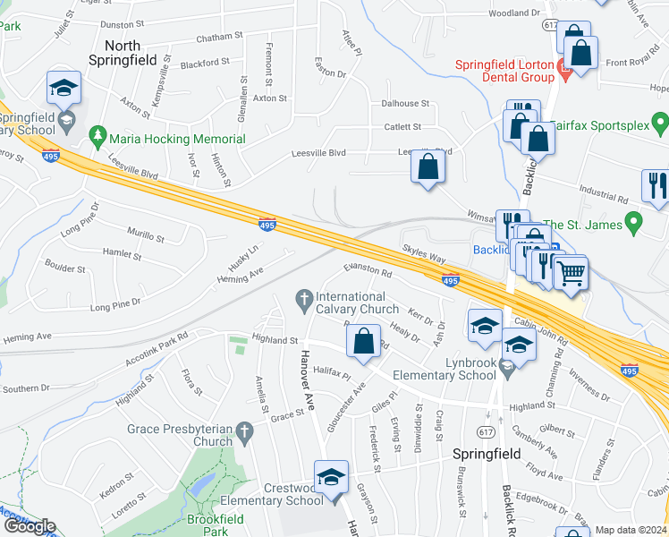 map of restaurants, bars, coffee shops, grocery stores, and more near 7226 Evanston Road in Springfield