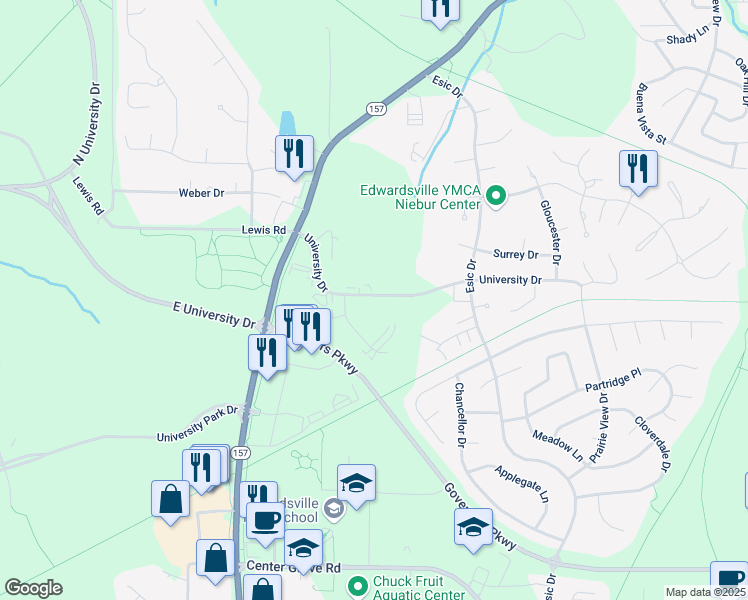 map of restaurants, bars, coffee shops, grocery stores, and more near 1124 University Drive in Edwardsville