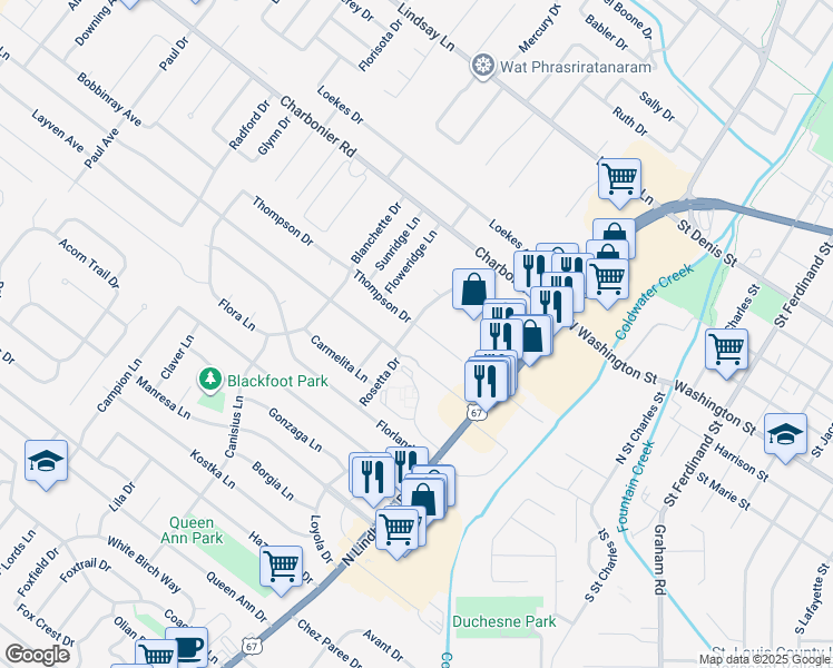map of restaurants, bars, coffee shops, grocery stores, and more near 733 Rosetta Drive in Florissant