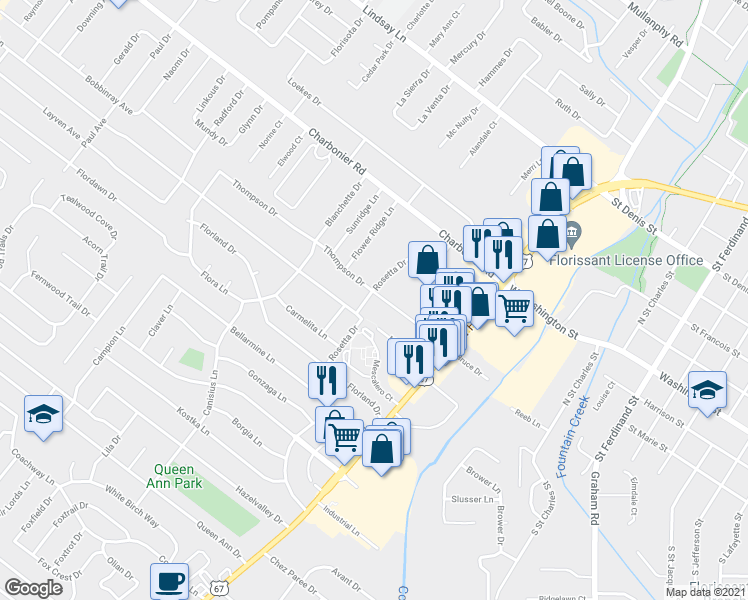 map of restaurants, bars, coffee shops, grocery stores, and more near 733 Rosetta Drive in Florissant