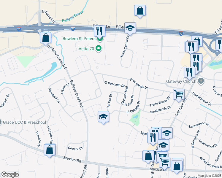map of restaurants, bars, coffee shops, grocery stores, and more near 110 Del Oro Drive in St. Peters
