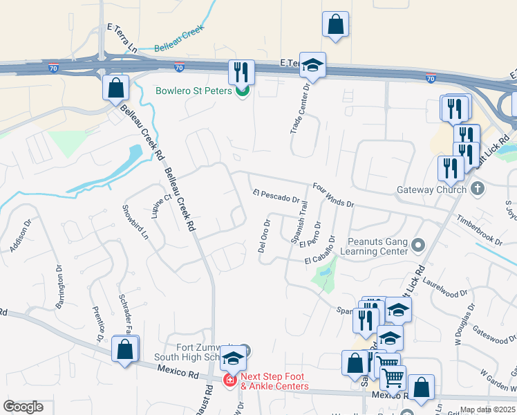 map of restaurants, bars, coffee shops, grocery stores, and more near 1425 Schoal Creek Drive in St. Peters