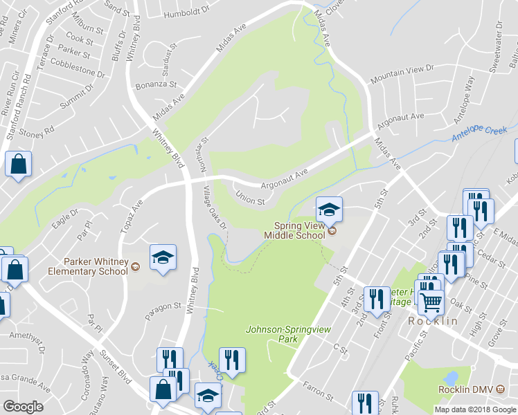 map of restaurants, bars, coffee shops, grocery stores, and more near 3056 Union Street in Rocklin