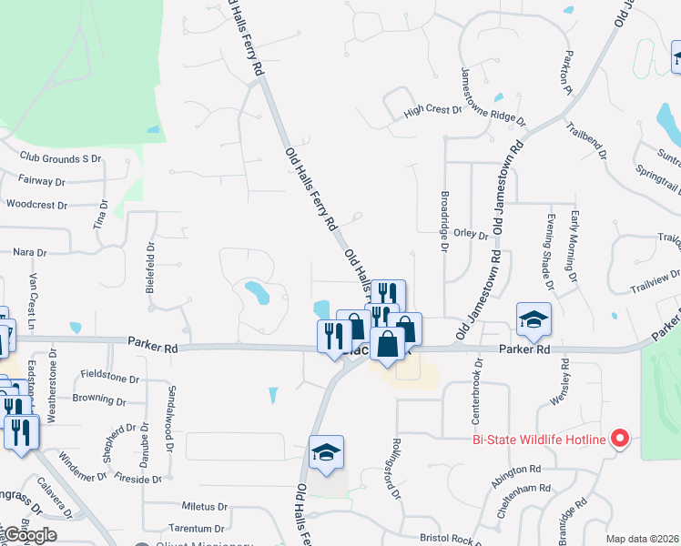 map of restaurants, bars, coffee shops, grocery stores, and more near 1 Nordell Court in Florissant