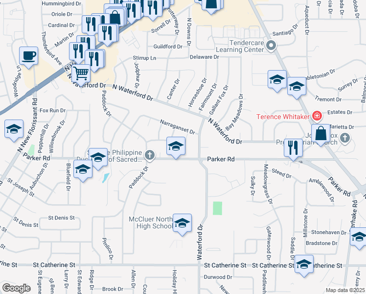 map of restaurants, bars, coffee shops, grocery stores, and more near 7 Bridle Path Court in Florissant