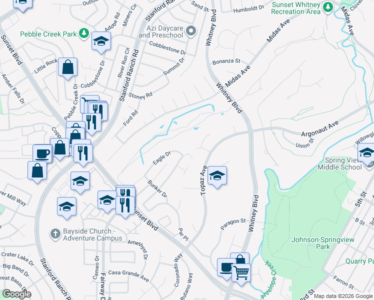 map of restaurants, bars, coffee shops, grocery stores, and more near 2201 Eagle Drive in Rocklin