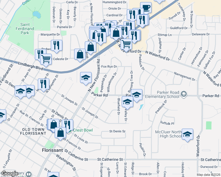 map of restaurants, bars, coffee shops, grocery stores, and more near 1325 Bluefield Drive in Florissant