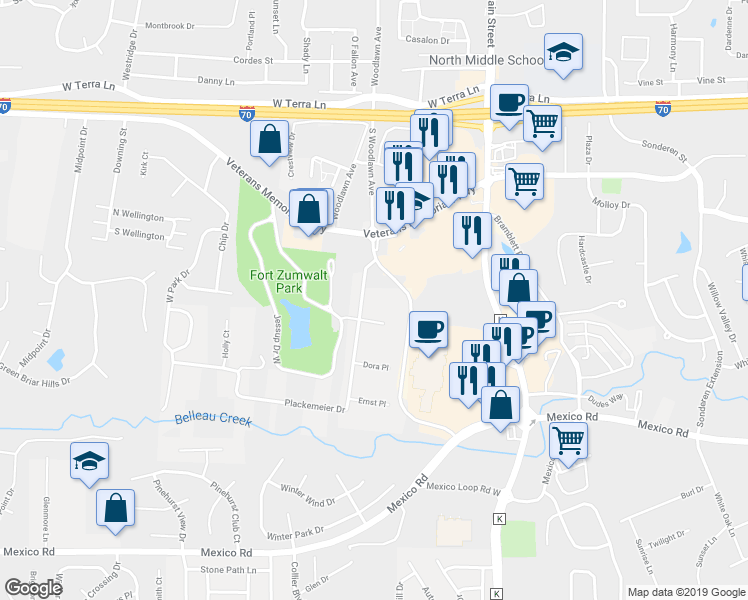 map of restaurants, bars, coffee shops, grocery stores, and more near 16 Plackemeier Drive in O'Fallon