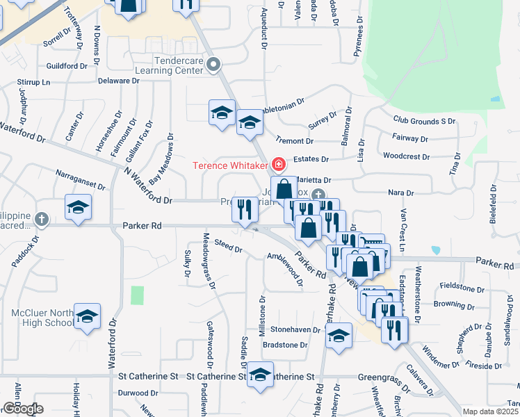 map of restaurants, bars, coffee shops, grocery stores, and more near 1465 Aintree Drive in Florissant