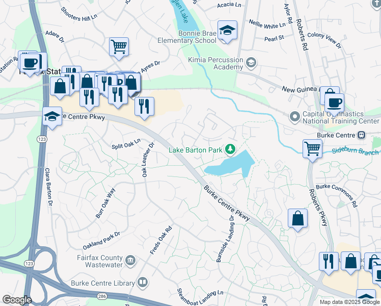 map of restaurants, bars, coffee shops, grocery stores, and more near 10665 Spring Oak Court in Burke