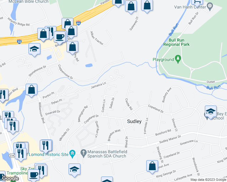map of restaurants, bars, coffee shops, grocery stores, and more near 10112 Sabin Drive in Manassas