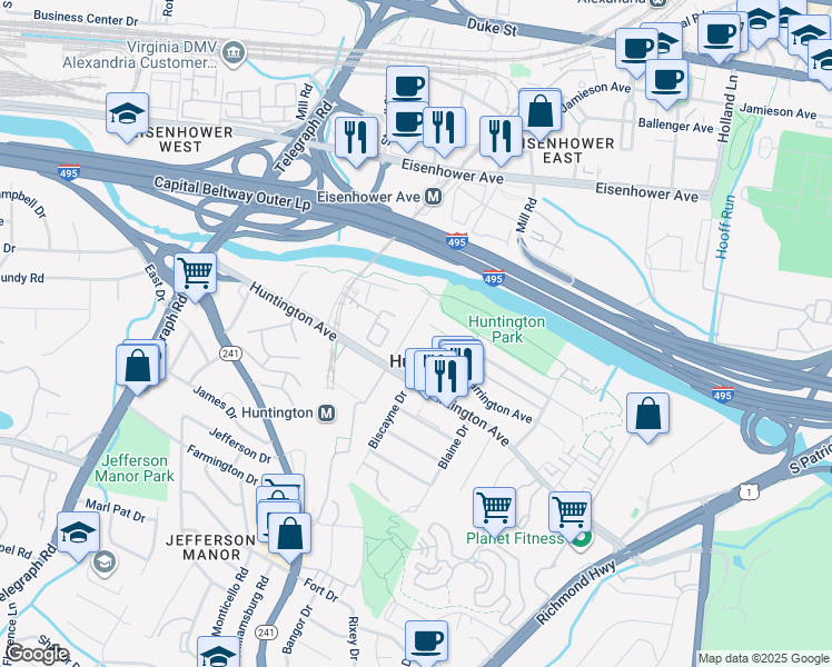 map of restaurants, bars, coffee shops, grocery stores, and more near 5703 Fenwick Drive in Alexandria