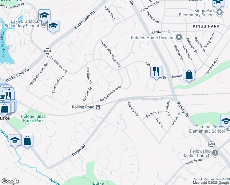 map of restaurants, bars, coffee shops, grocery stores, and more near 5629 Mount Burnside Way in Burke