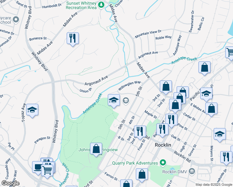 map of restaurants, bars, coffee shops, grocery stores, and more near 4425 Willowglen Way in Rocklin