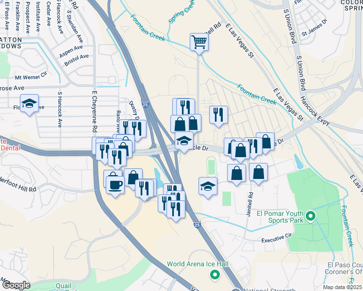 map of restaurants, bars, coffee shops, grocery stores, and more near 3864 South Circle Drive in Colorado Springs
