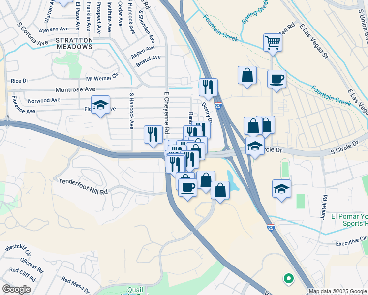 map of restaurants, bars, coffee shops, grocery stores, and more near 1312 Harrison Road in Colorado Springs