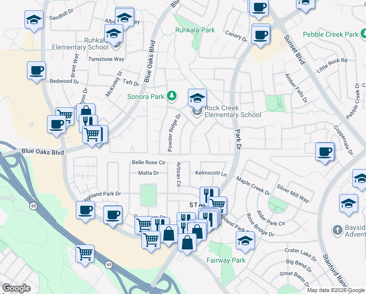 map of restaurants, bars, coffee shops, grocery stores, and more near 2172 Collet Quarry Drive in Rocklin