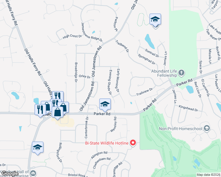 map of restaurants, bars, coffee shops, grocery stores, and more near 12537 Evening Shade Drive in Black Jack