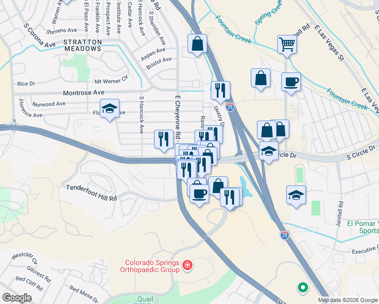 map of restaurants, bars, coffee shops, grocery stores, and more near 1312 Harrison Road in Colorado Springs