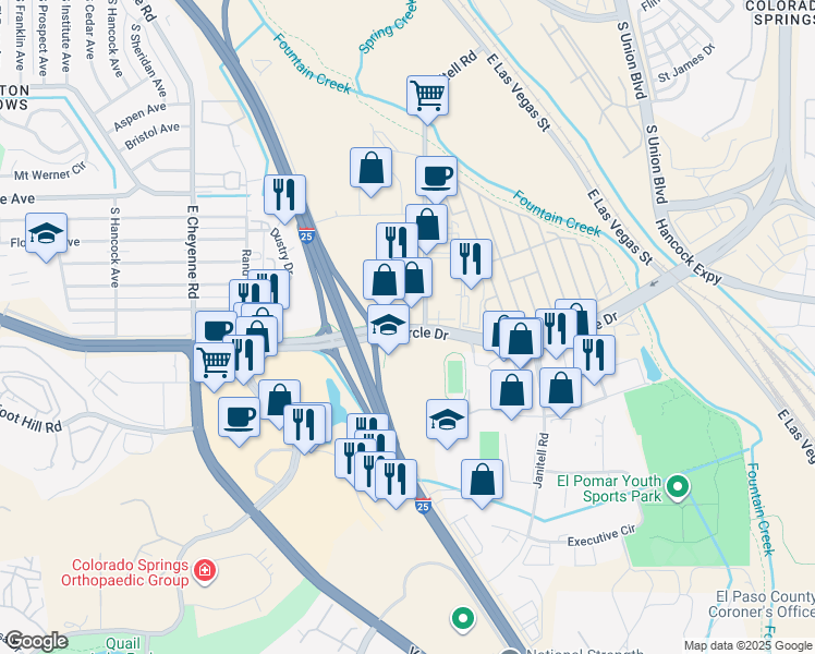 map of restaurants, bars, coffee shops, grocery stores, and more near 3275-3413 Janitell Road in Colorado Springs