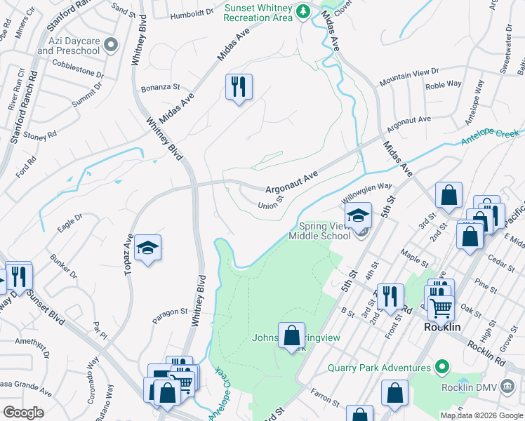 map of restaurants, bars, coffee shops, grocery stores, and more near 3056 Union Street in Rocklin