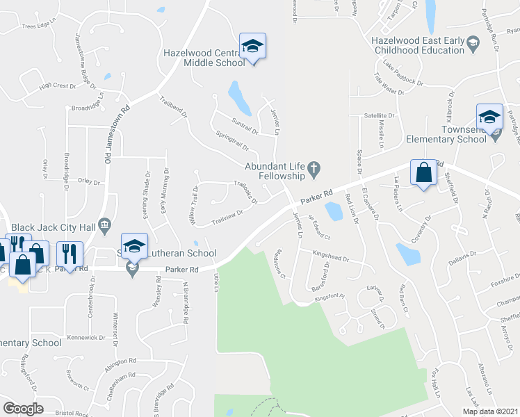 map of restaurants, bars, coffee shops, grocery stores, and more near 5394 Trailoaks Drive in Florissant