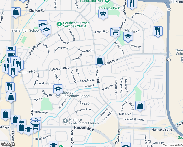 map of restaurants, bars, coffee shops, grocery stores, and more near 2524 Astrozon Circle in Colorado Springs