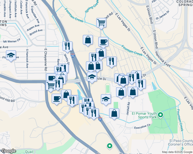 map of restaurants, bars, coffee shops, grocery stores, and more near 3275-3413 Janitell Road in Colorado Springs