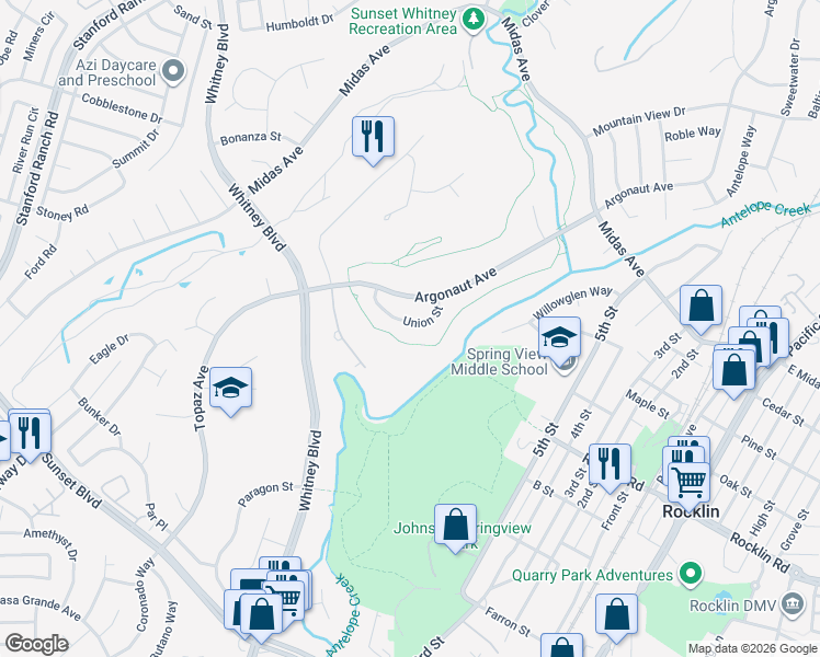 map of restaurants, bars, coffee shops, grocery stores, and more near 3056 Union Street in Rocklin