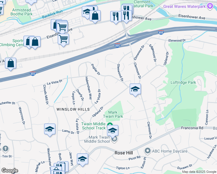 map of restaurants, bars, coffee shops, grocery stores, and more near 5717 Oak Hill Place in Alexandria