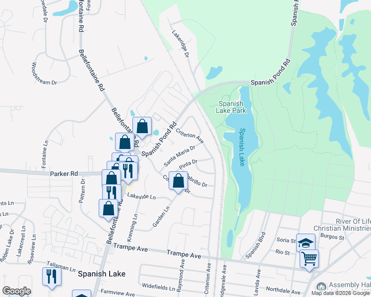 map of restaurants, bars, coffee shops, grocery stores, and more near 12356 Santa Maria Drive in St. Louis