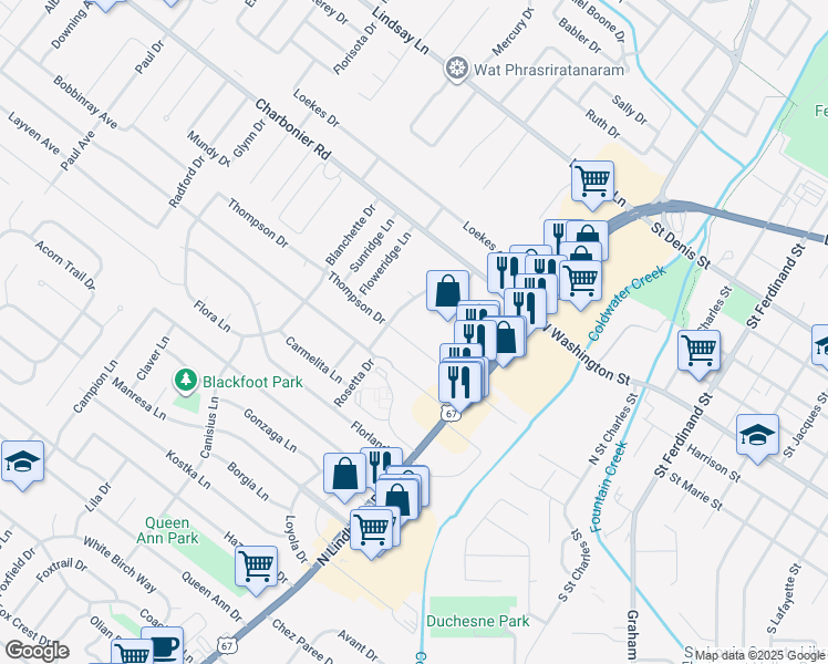 map of restaurants, bars, coffee shops, grocery stores, and more near 753 Thompson Drive in Florissant