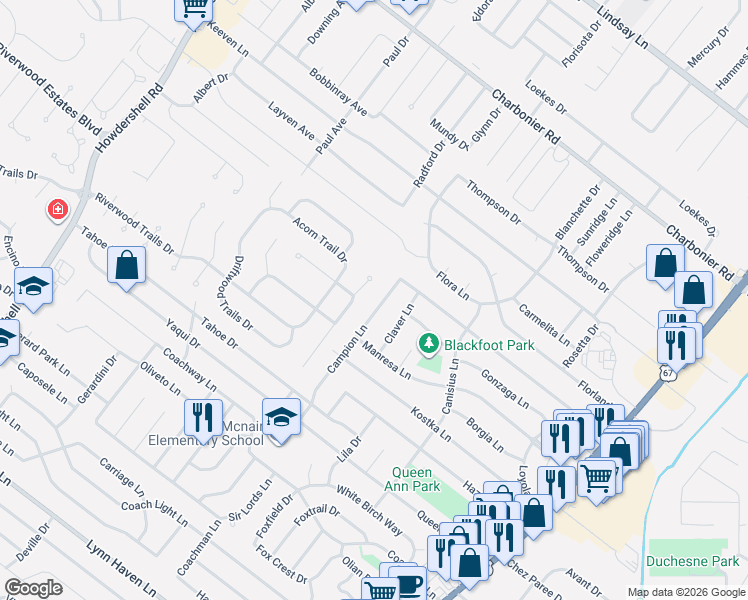 map of restaurants, bars, coffee shops, grocery stores, and more near 850 Campion Lane in Florissant